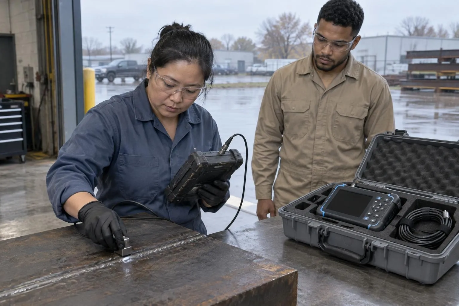 Technician scans a steel weld with a worn handheld ultrasonic detector while a colleague eyes a new unit sitting unused in its case.