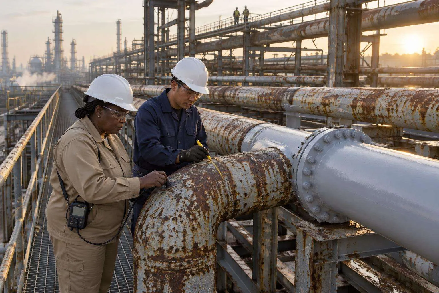 Two inspectors check an aged elbow on a long refinery pipe rack, with one bright new pipe section among rust-streaked lines.